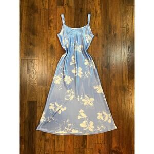 Vintage Full Length Satin Nightgown Baby Blue with White Floral Pattern Medium